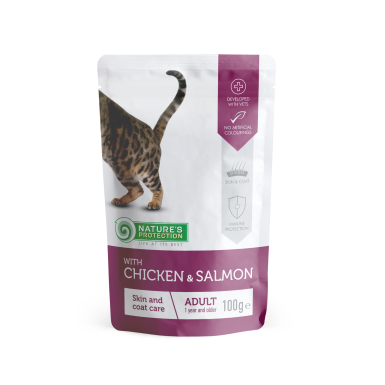 Nature's Protection Adult cats Skin &amp; Сoat care Chicken &amp; Salmon Вологий корм для котів для підтримки здоров'я шерсті і шкіри з куркою і лососем, 100 г