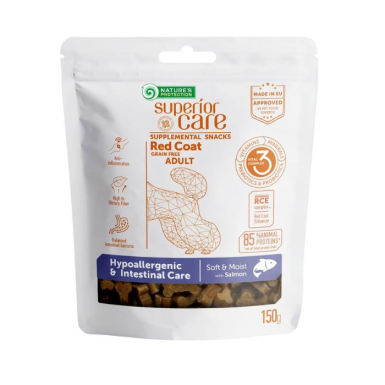 Nature's Protection Superior Care Red Coat Hypoallergenic &amp; Intestinal Care Беззернові ласощі для дорослих собак з рудим забарвленням з лососем, 150 г