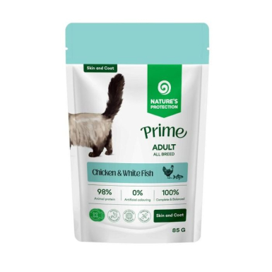 Nature's Protection Prime Adult Cats Skin&amp;Coat Chicken and White Fish Вологий корм для котів для догляду за шкірою та шерстю з куркою і білою рибою, 85 г